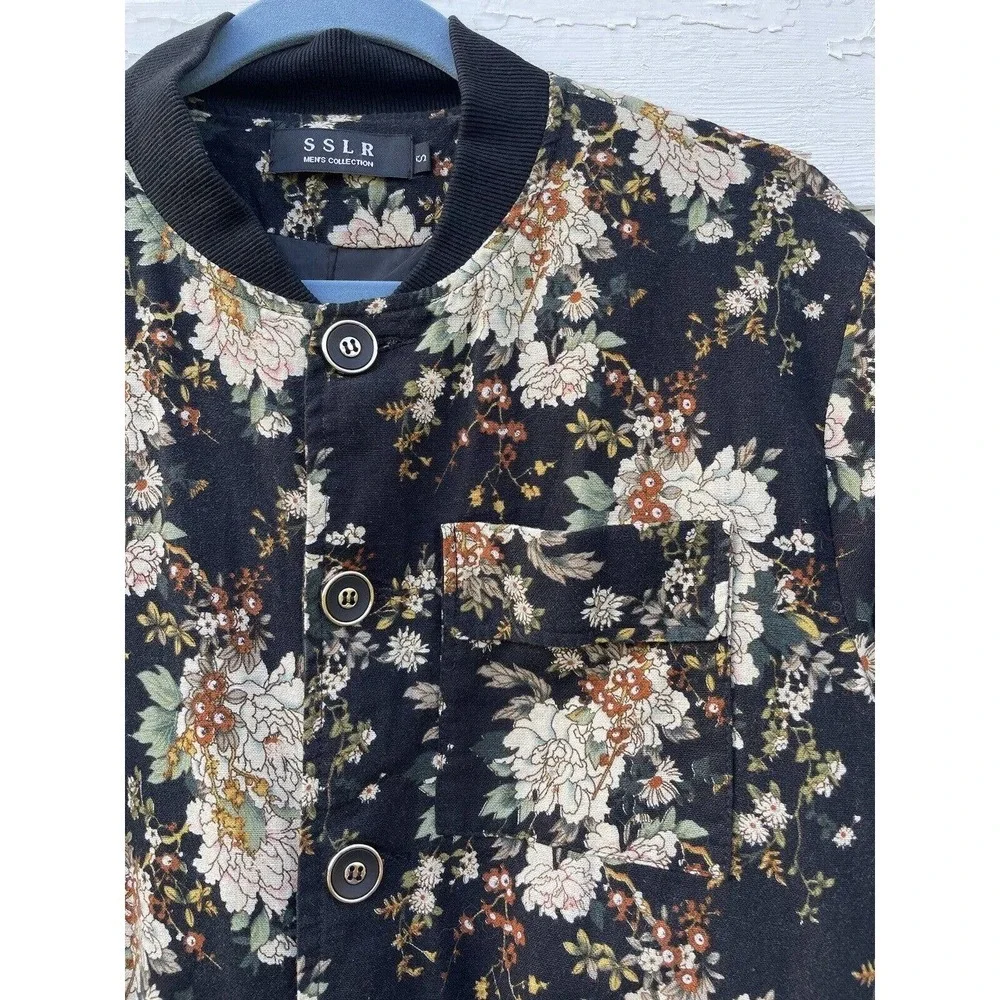 VTG SSLR Jacket Men's S Floral Fully Lined Metro 90's Cotton Flax Linen Black - Picture 3 of 10